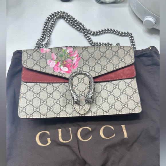 Gucci Beige and Red Shoulder Bag with Pink Floral Design - Picture 1 of 3